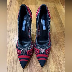 Prada Women's Black and Red Patterned Heels